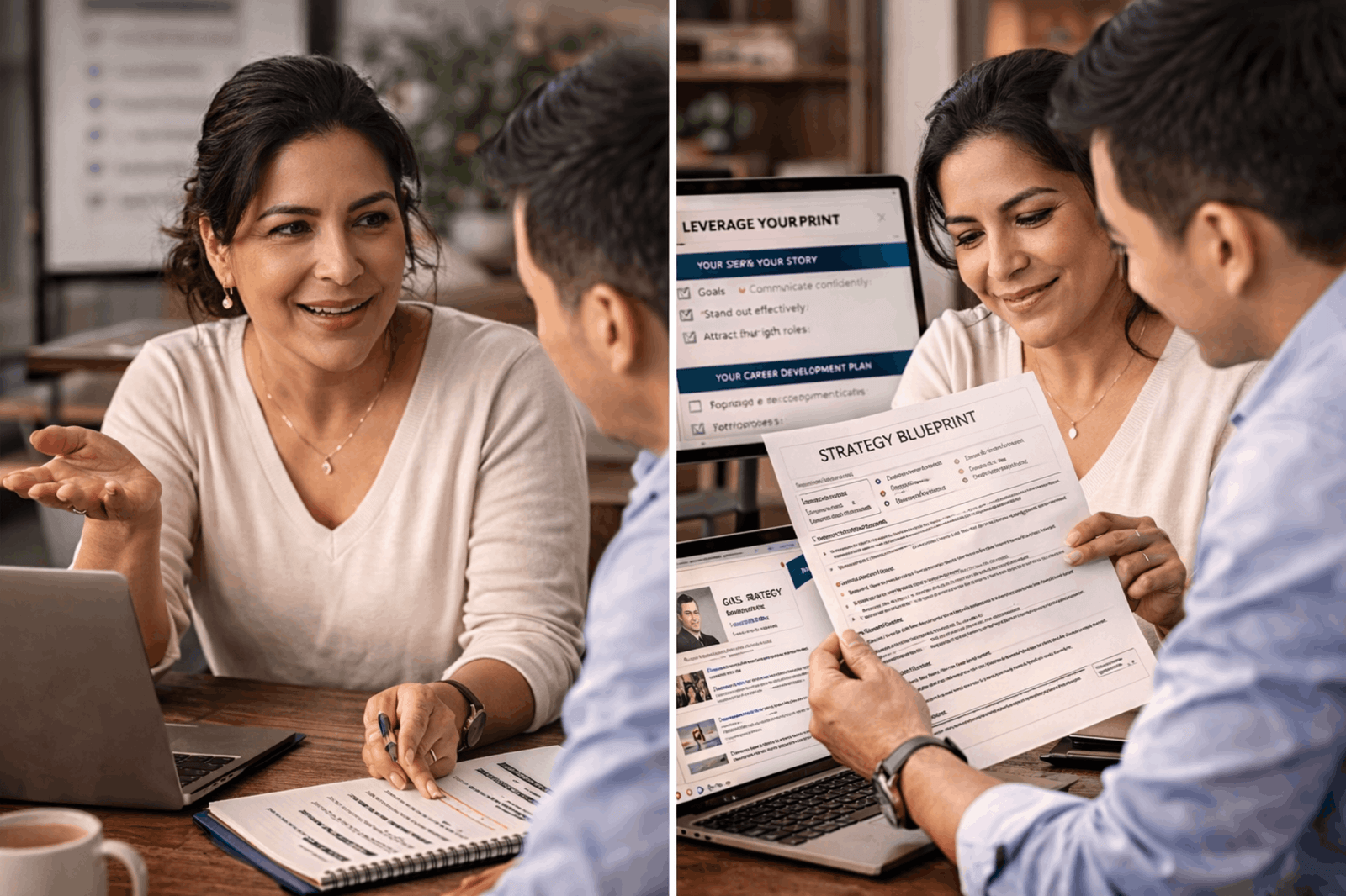 Professional discussing a strategy blueprint and action plan.