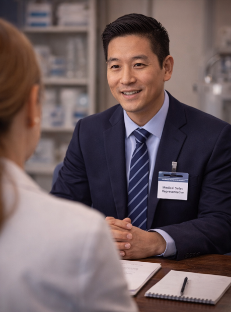 Professional participating in an interview conversation.