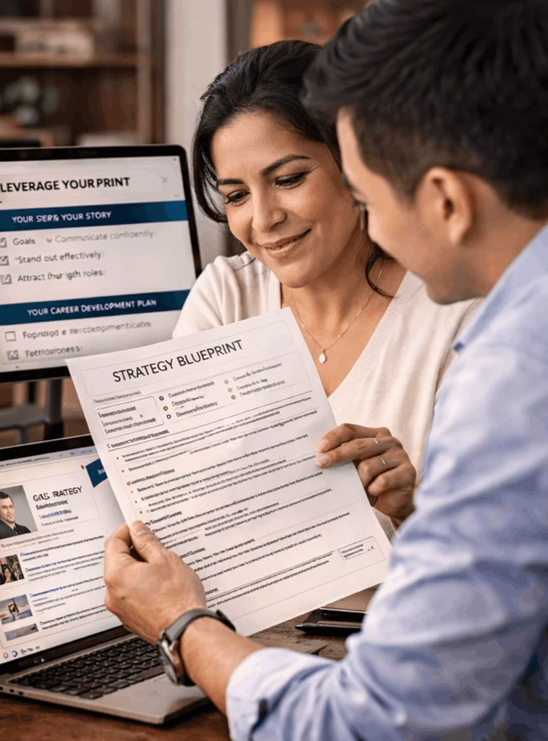 Professional discussing a strategy blueprint and action plan.